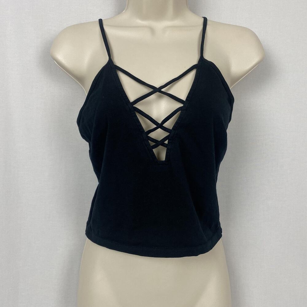 Vintage Express Crop Tank Top Womens Medium Black Corset Goth Biker Moto Y2K